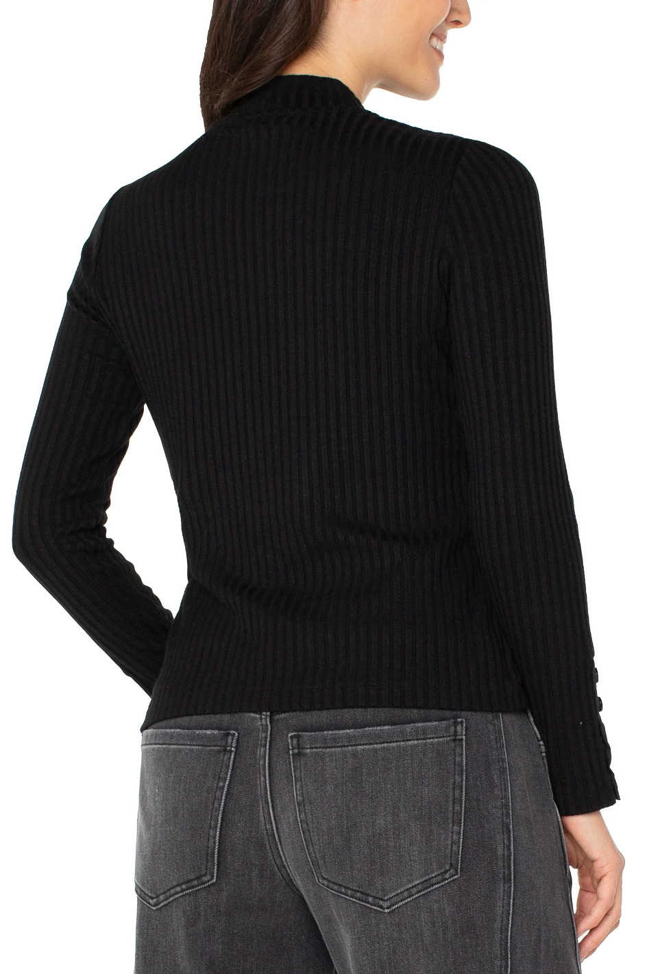 Liverpool Long Sleeve Mock Neck Rib Knit Top in Black