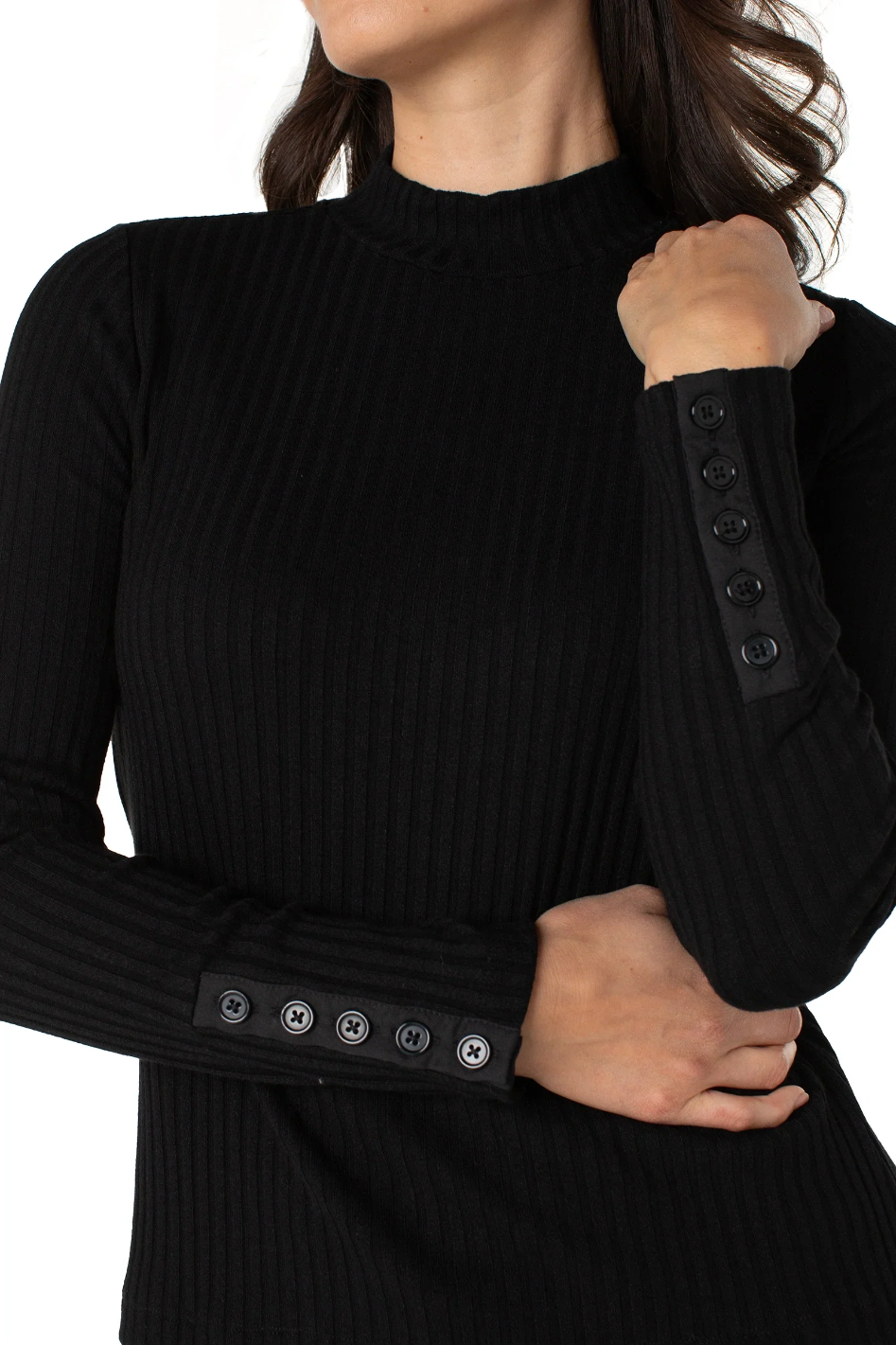 Liverpool Long Sleeve Mock Neck Rib Knit Top in Black