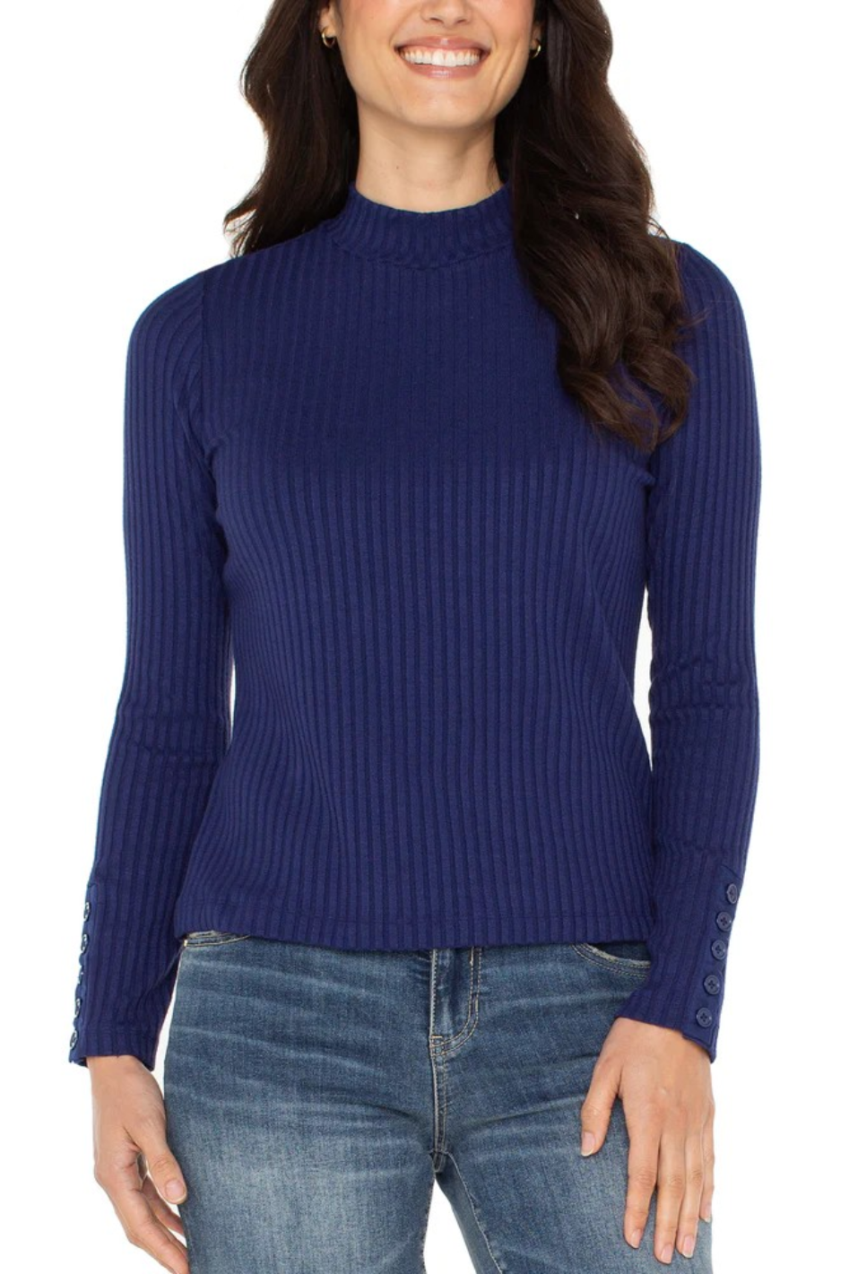 Liverpool Long Sleeve Mock Neck Rib Knit Top in Maritime Navy