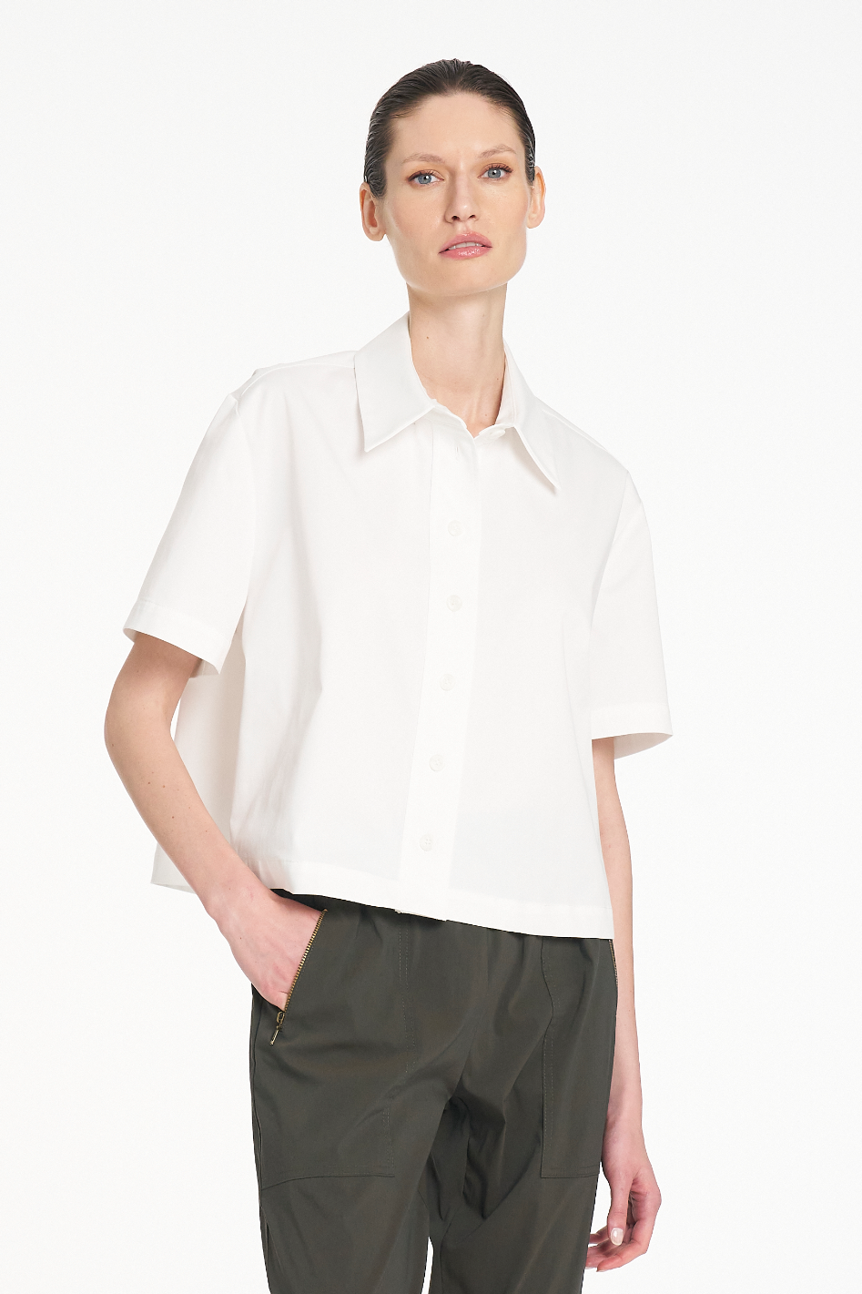 Mela Purdie Crop Shirt in White Cotton Panama