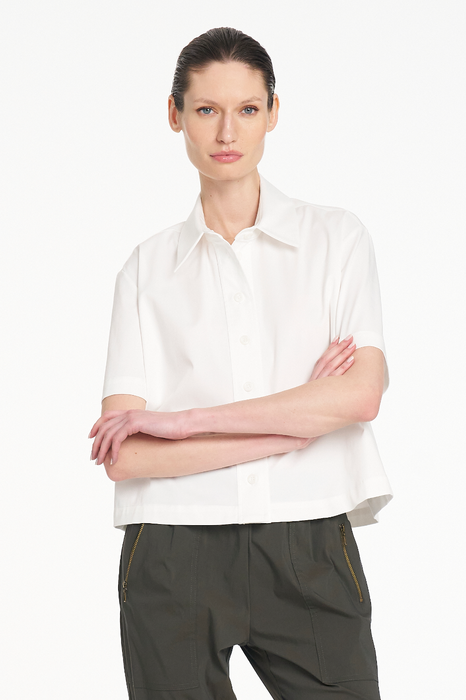 Mela Purdie Crop Shirt in White Cotton Panama