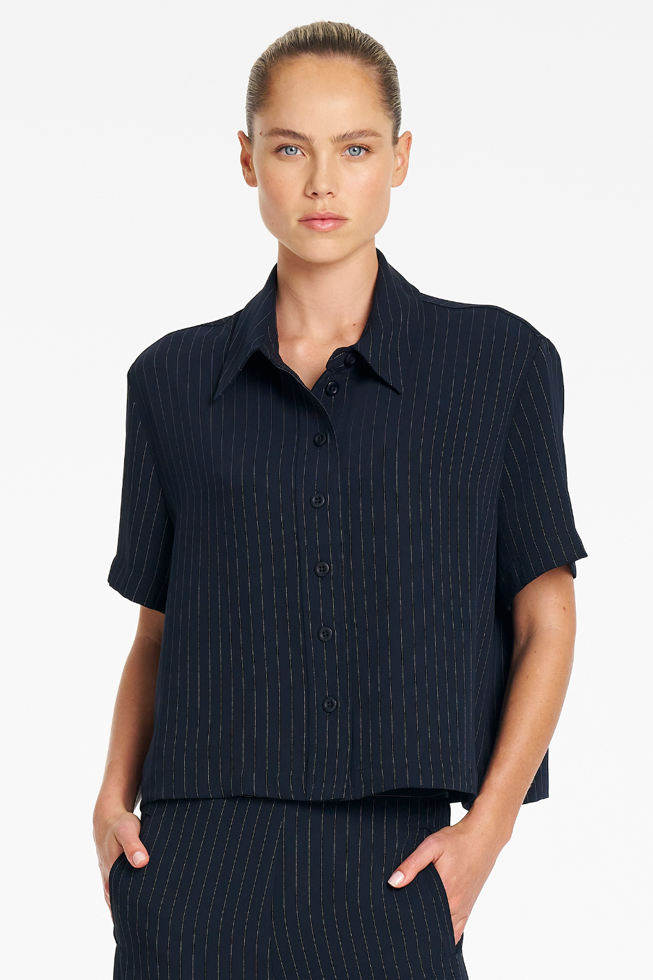 Mela Purdie Crop Shirt in Suit Stripe