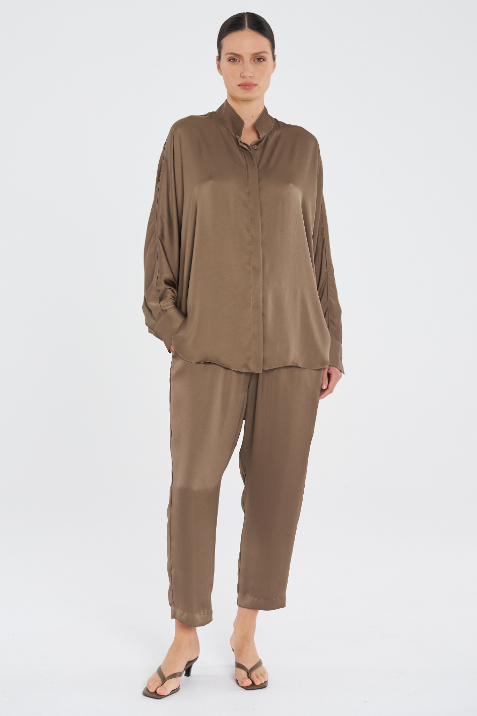 Mela Purdie Dolman Villa Shirt in Mirror Satin Sepia
