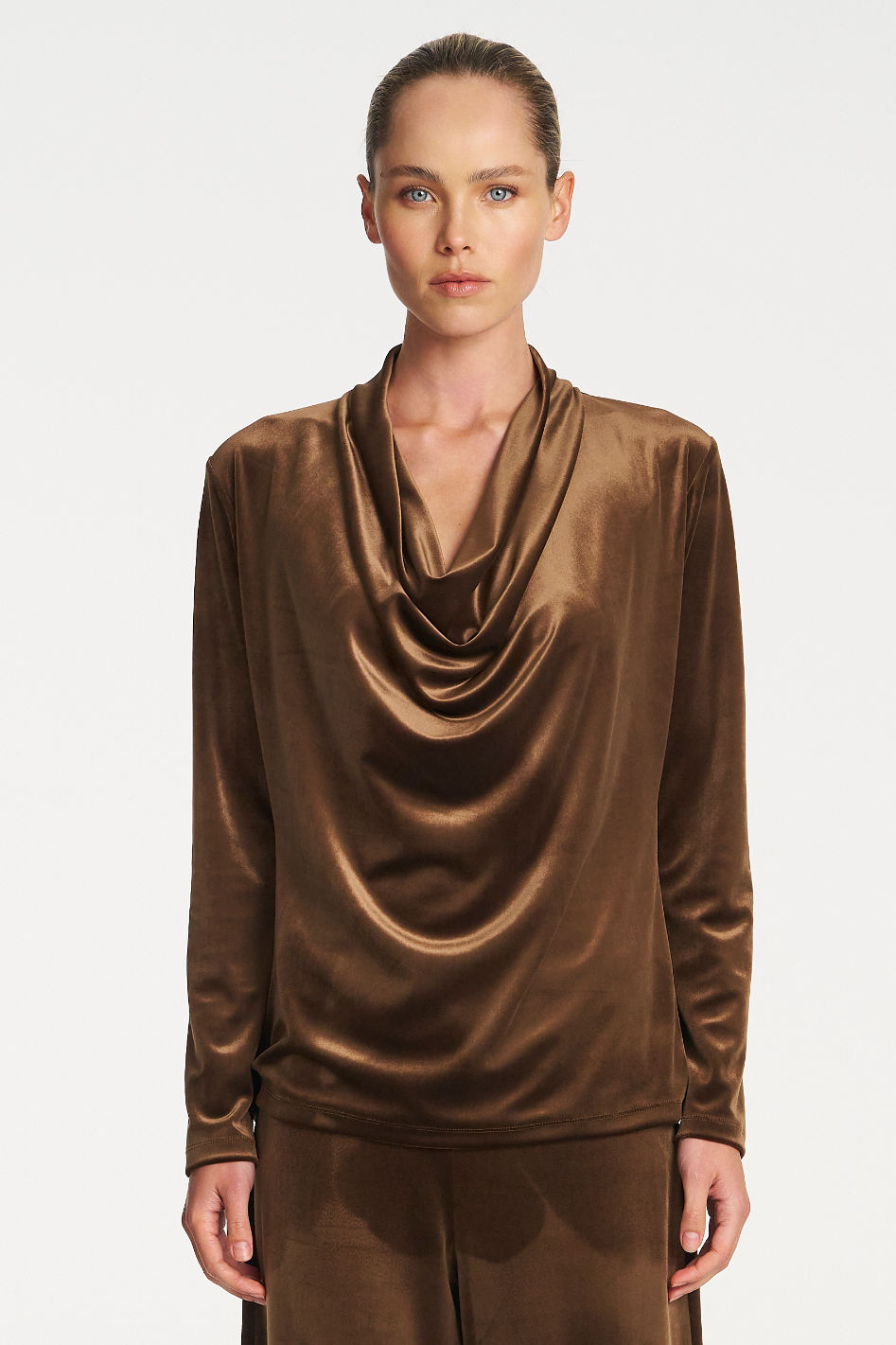 Mela Purdie Drape Top in Stretch Panne Nutmeg