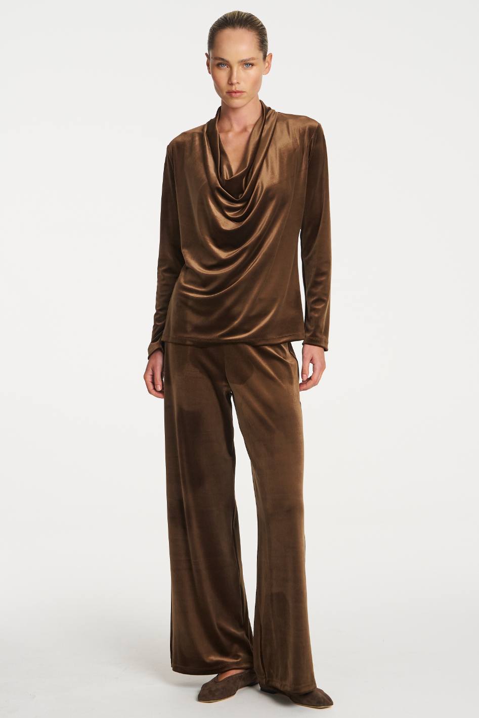 Mela Purdie Drape Top in Stretch Panne Nutmeg