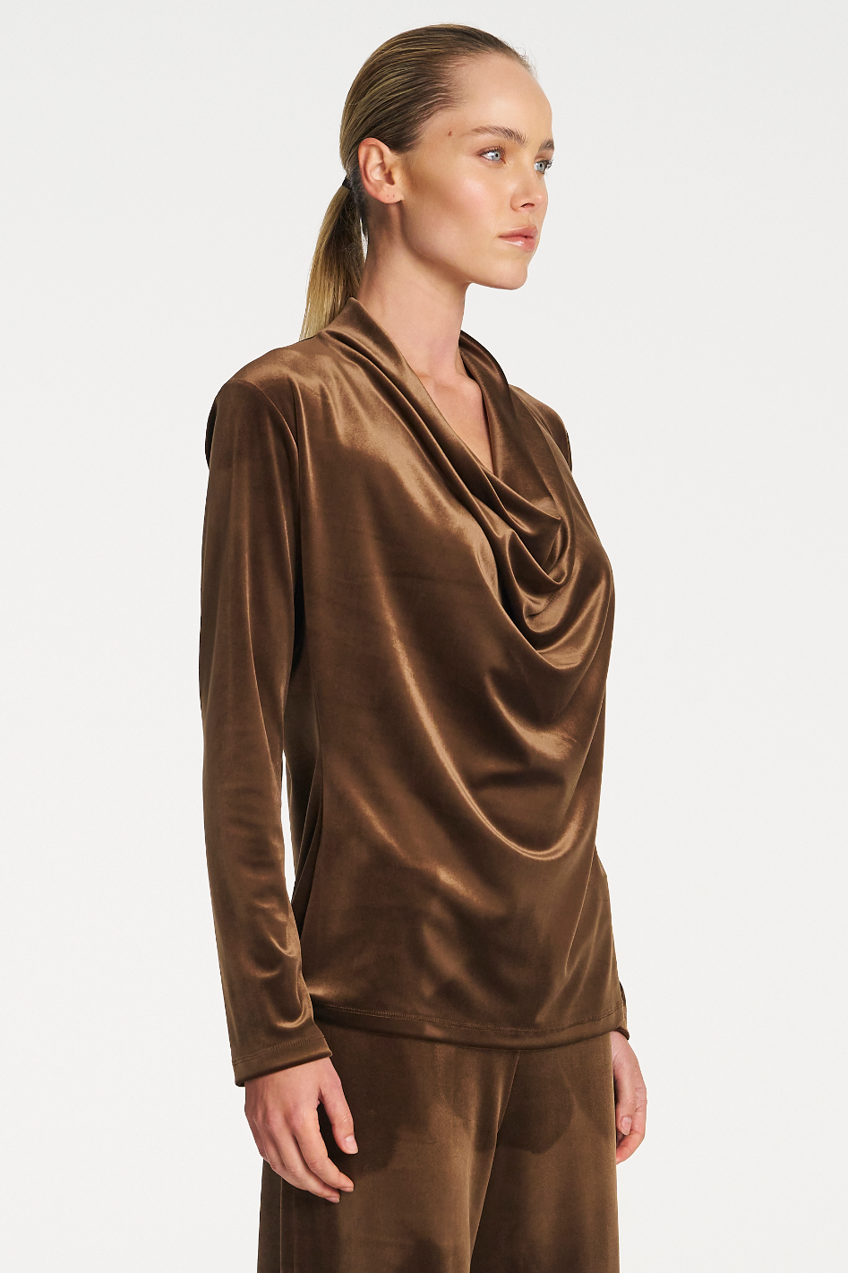 Mela Purdie Drape Top in Stretch Panne Nutmeg
