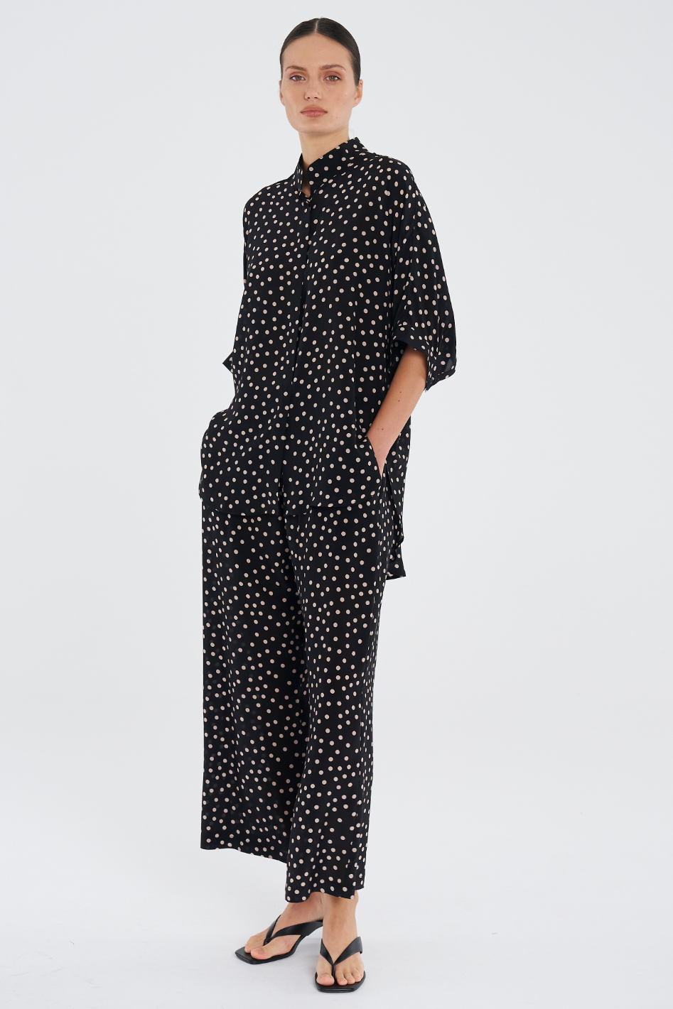 Mela Purdie Pace Pant Scattered Spot Silk Print in Black/Meringue