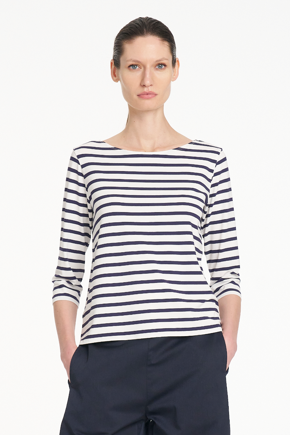 Mela Purdie Relaxed Boat Neck in White and Ink Banner Stripe
