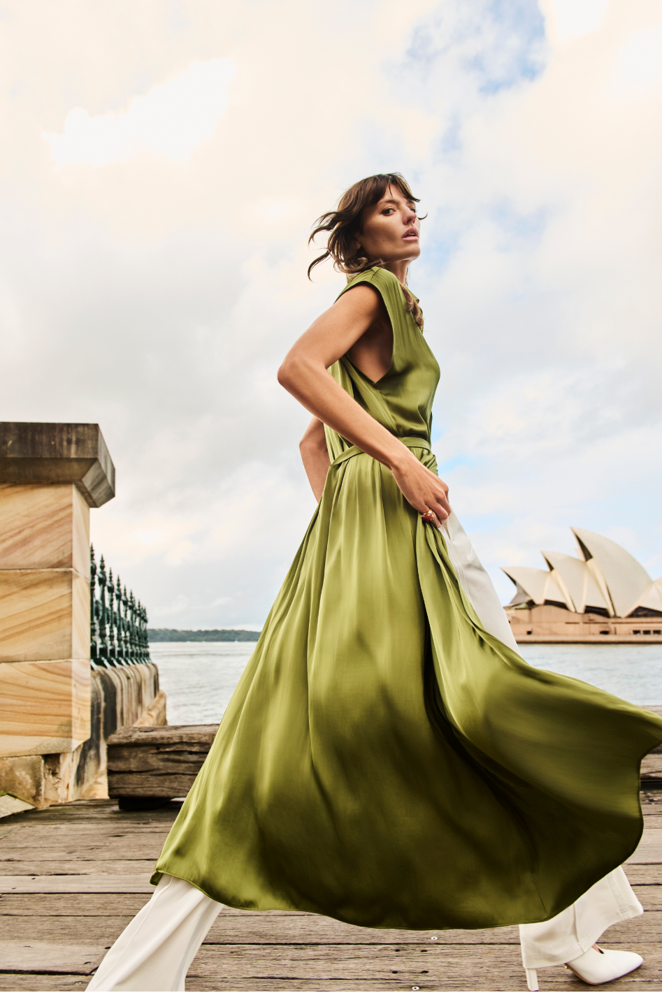 Signature Mela Purdie Tabbard Dress in Peridot Charmeuse