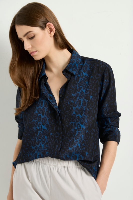 Mela Purdie Soft Shirt in Sapphire Leopard Silk Print