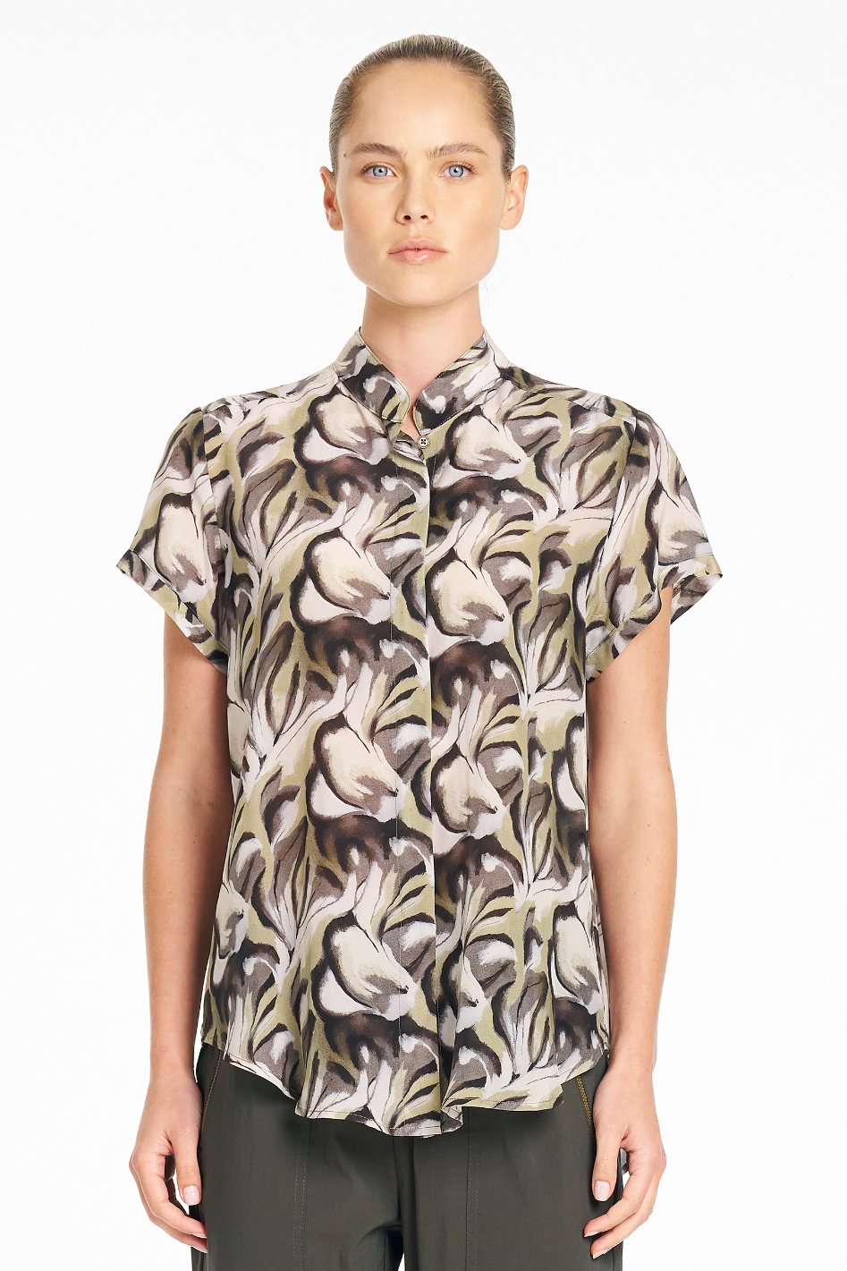 Mela Purdie Soft Stand Shirt in Bayleaf Print Silk