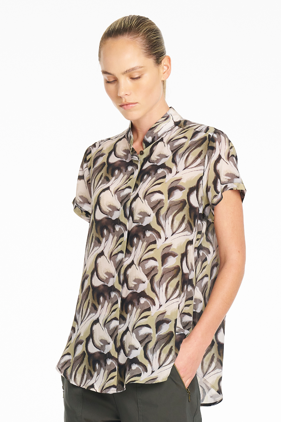 Mela Purdie Soft Stand Shirt in Bayleaf Print Silk
