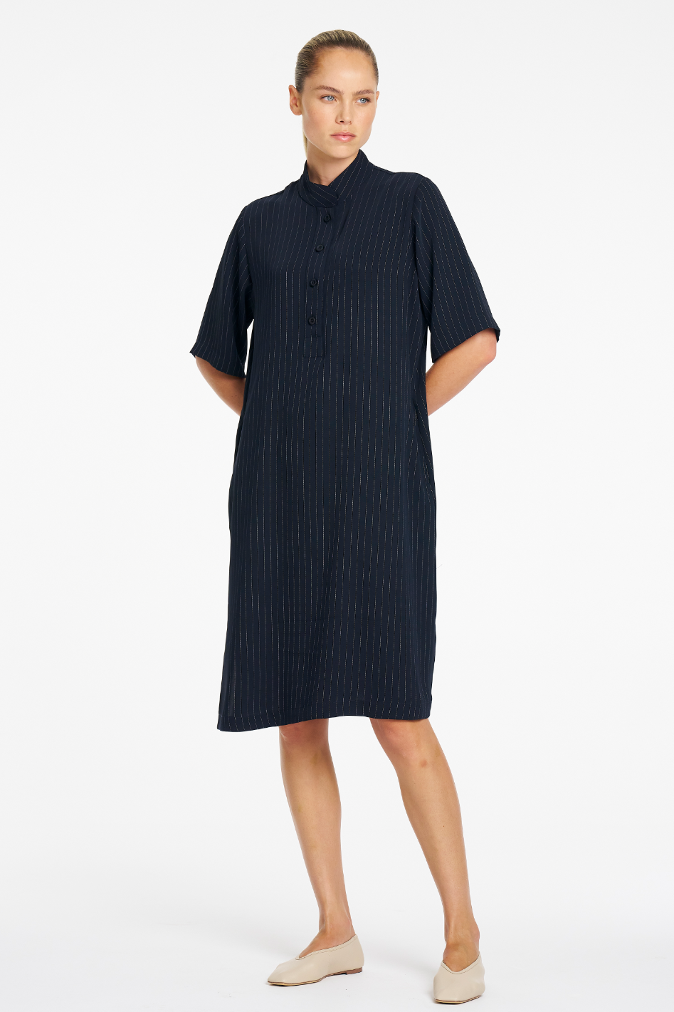 Mela Purdie Tab Plaza Dress in Suit Stripe