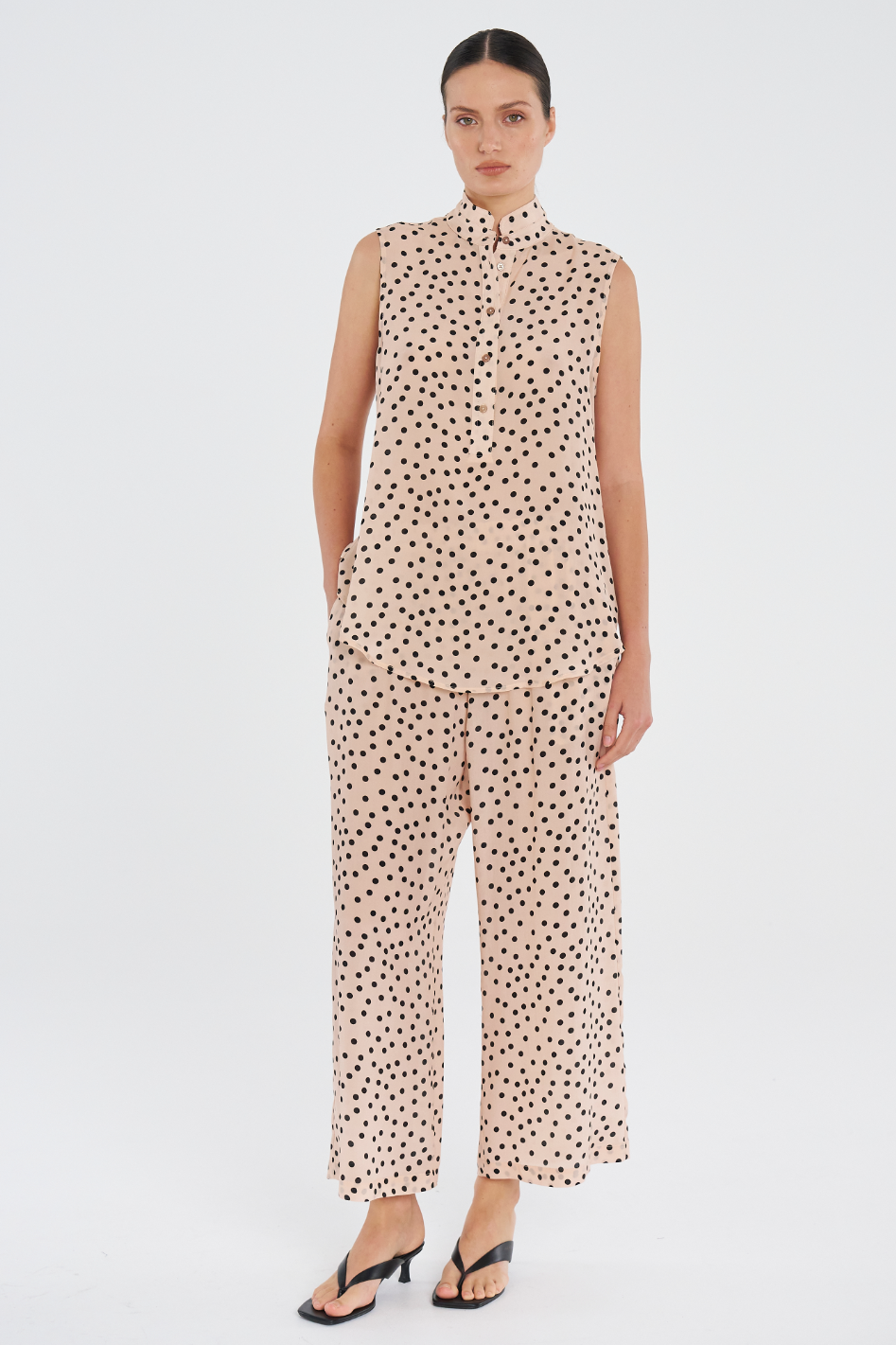 Mela Purdie Tab Slide Tank and Pace Pants Scattered Spot Silk Print Meringue/Black