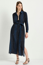 Load image into Gallery viewer, Mela Purdie Tie Shirt Dress in Sapphire Leopard Silk Print
