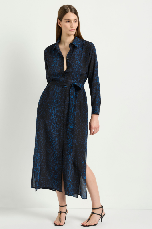 Mela Purdie Tie Shirt Dress in Sapphire Leopard Silk Print