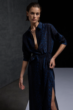 Load image into Gallery viewer, Mela Purdie Tie Shirt Dress in Sapphire Leopard Silk Print
