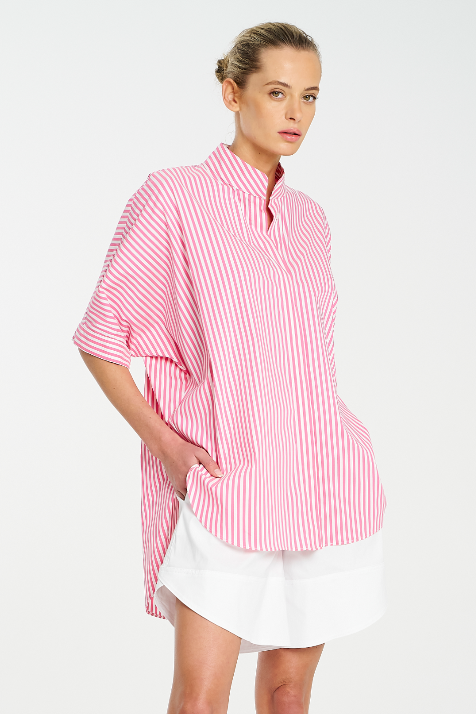 Mela Purdie Villa Overshirt | Stripe Microprene | Hot Pink|White