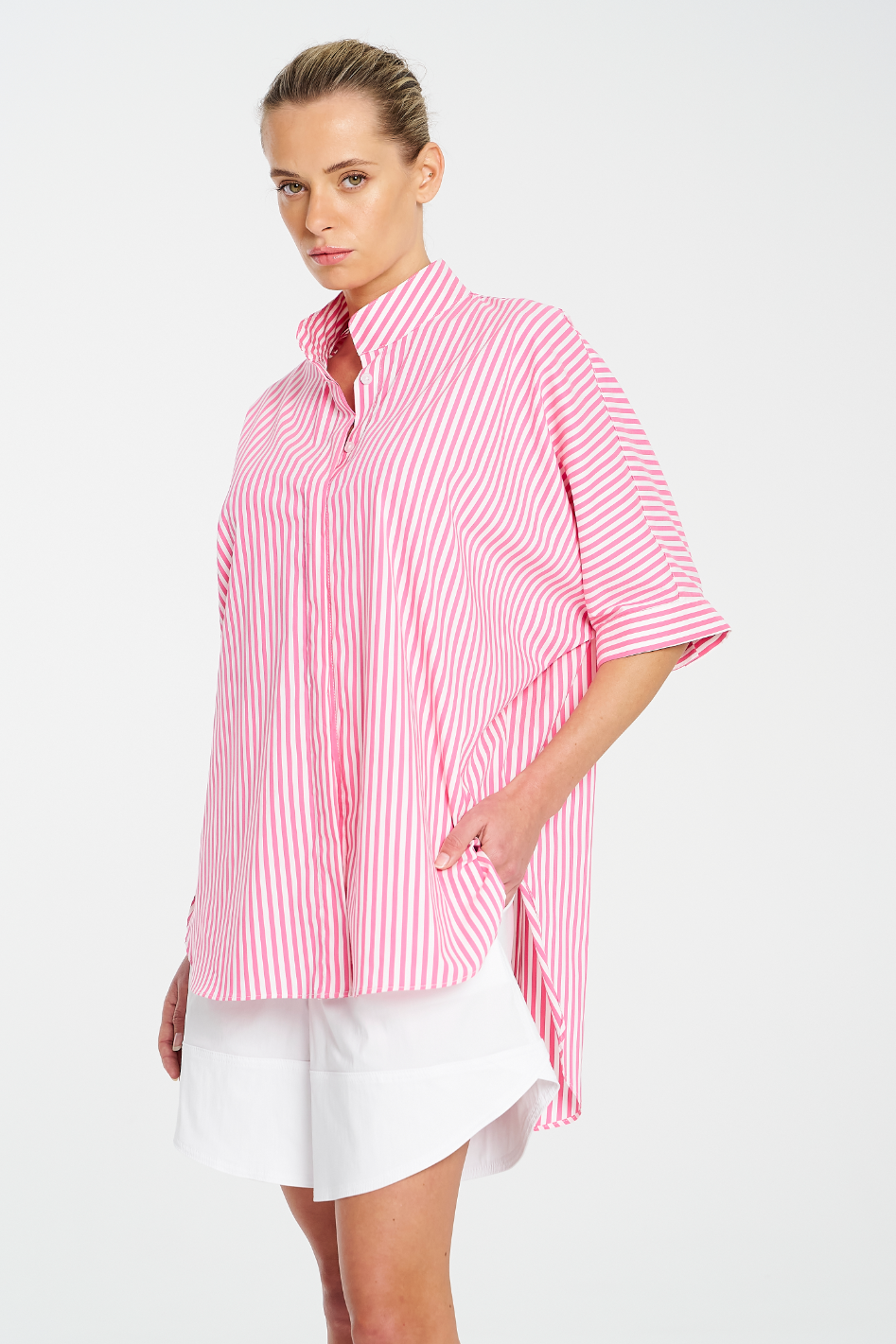 Mela Purdie Villa Overshirt | Stripe Microprene | Hot Pink|White