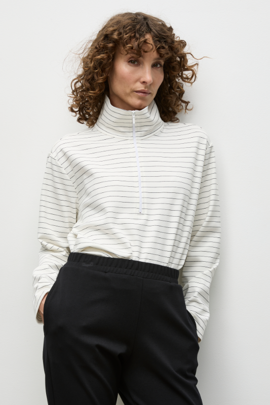 Mela Purdie Zip Front Sweater in Cream and Black Micro Stripe Ponte