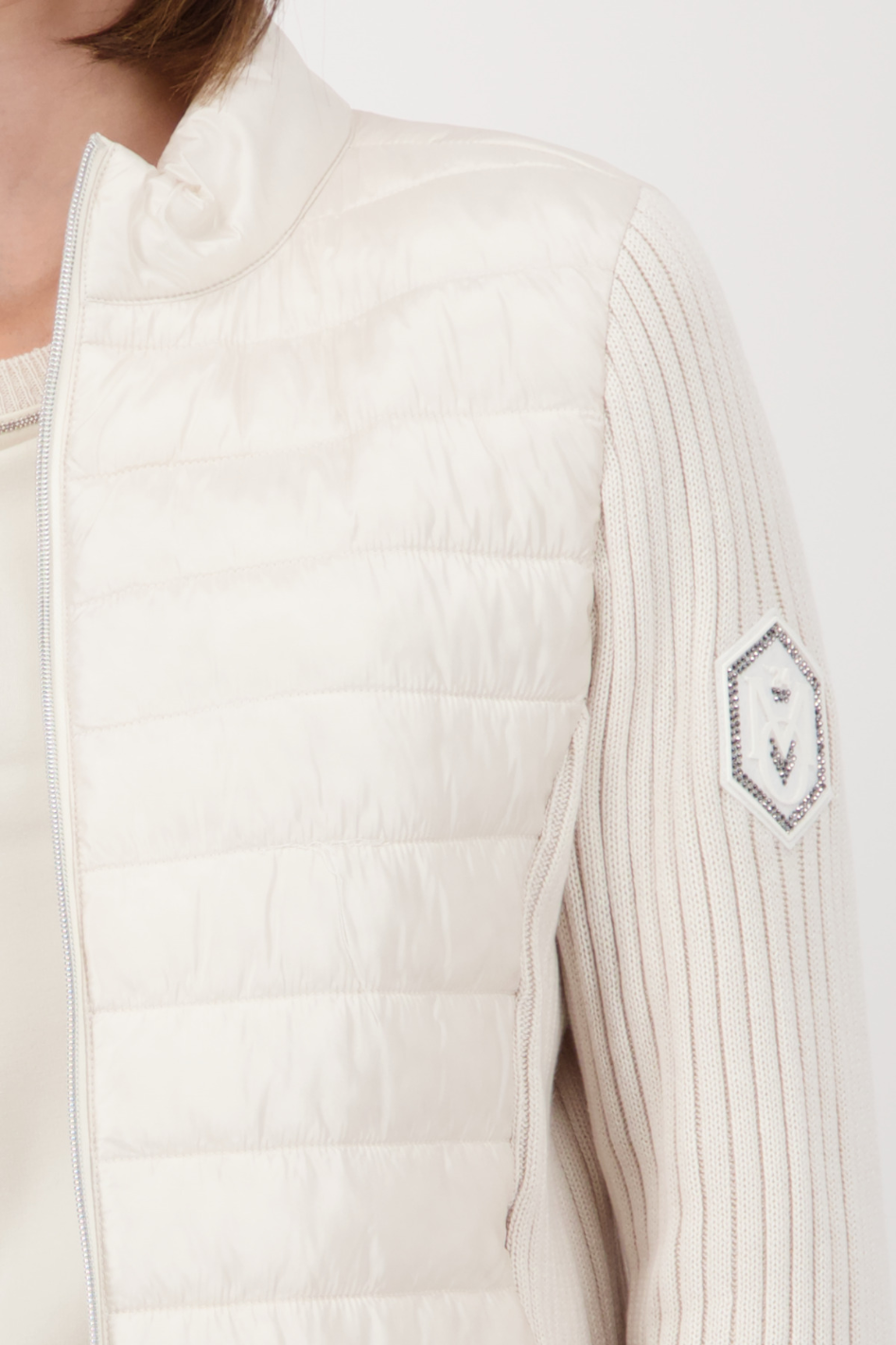Monari Beige Quilted Jacket With Knitted Sleeves 