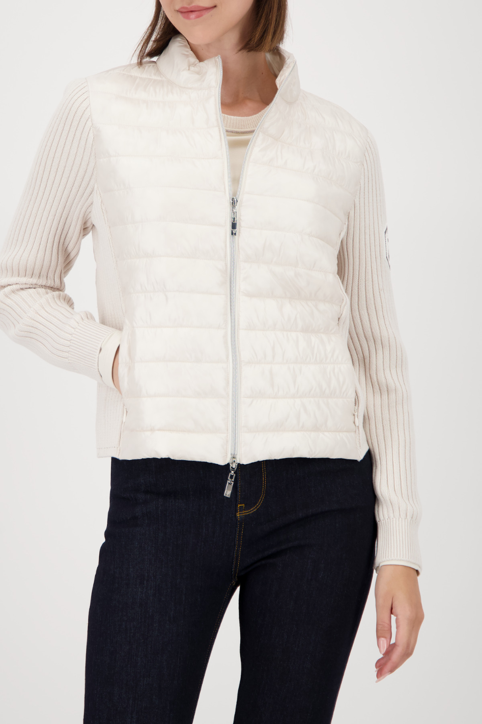 Monari Beige Quilted Jacket With Knitted Sleeves 