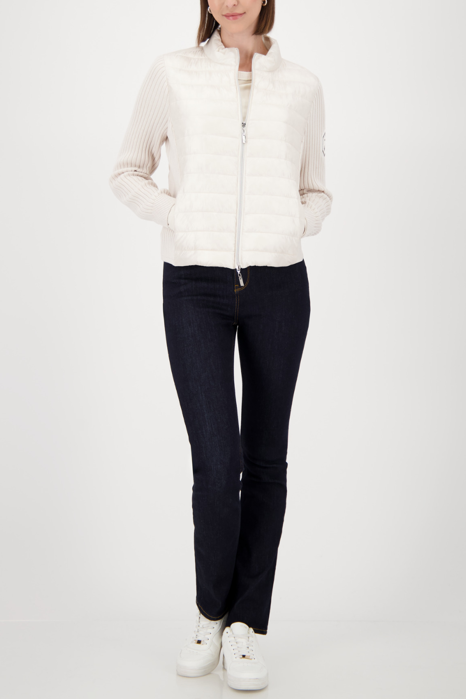 Monari Beige Quilted Jacket With Knitted Sleeves 