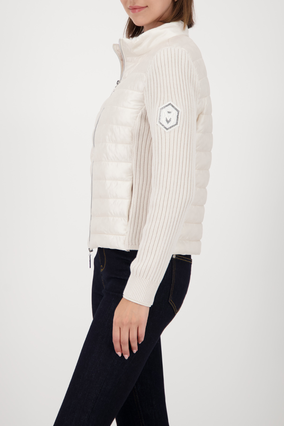 Monari Beige Quilted Jacket With Knitted Sleeves 