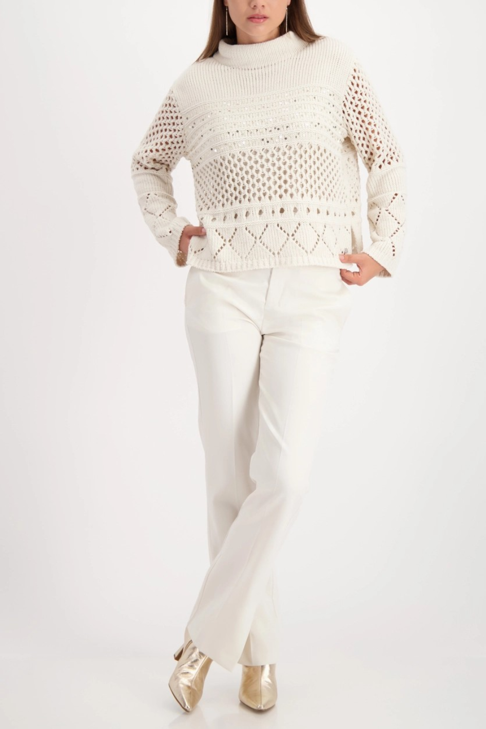 Monari Knitted Jumper with Ajour Pattern in Almond