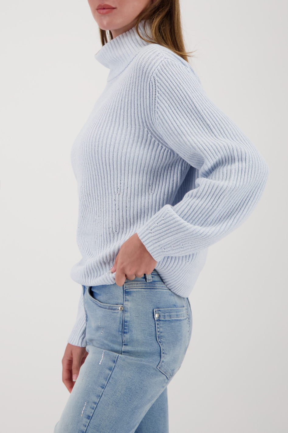 Monari Lurex Sweater with Rhinestones in Ice Blue