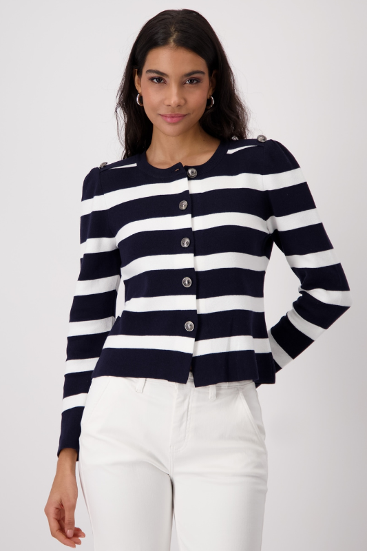 Monari Shoulder Button Striped Cardigan in Deep Ocean