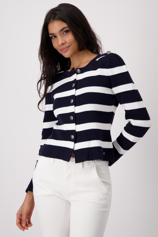 Monari Shoulder Button Striped Cardigan in Deep Ocean