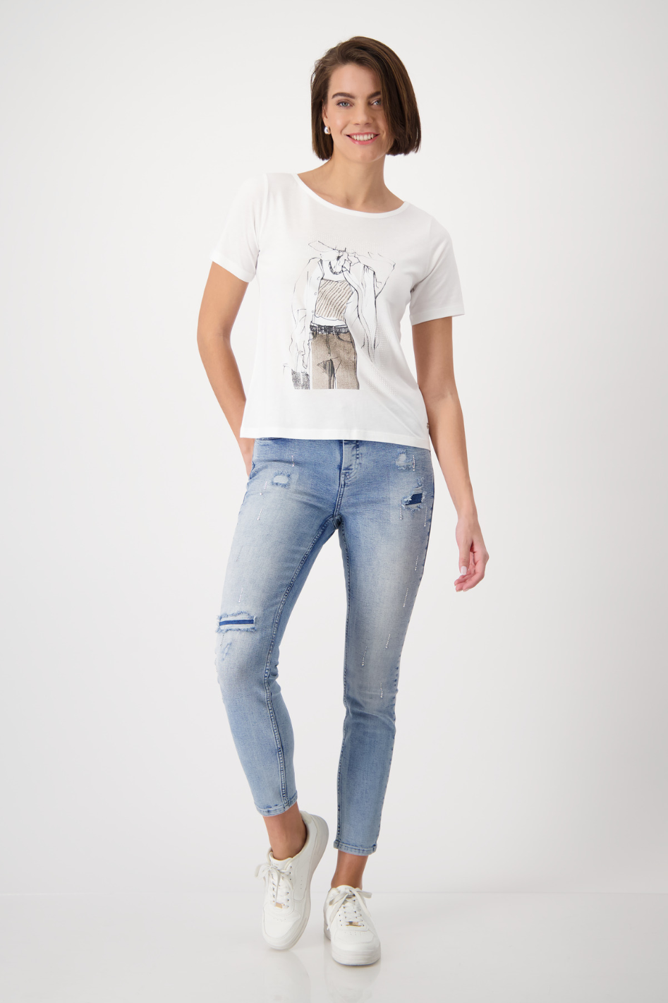 Monari T-Shirt | Drawn Woman Motif | Off-White | 409114