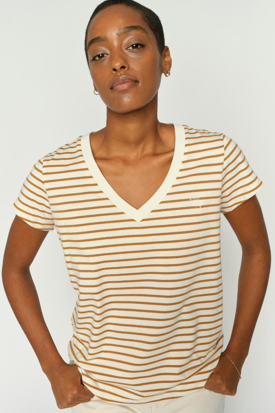 Mos Mosh Kala V-Neck SS Stripe Tee in Petrified Oak