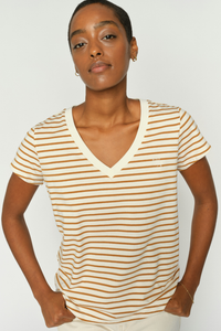 Mos Mosh Kala V-Neck SS Stripe Tee | Petrified Oak | 178690MA1