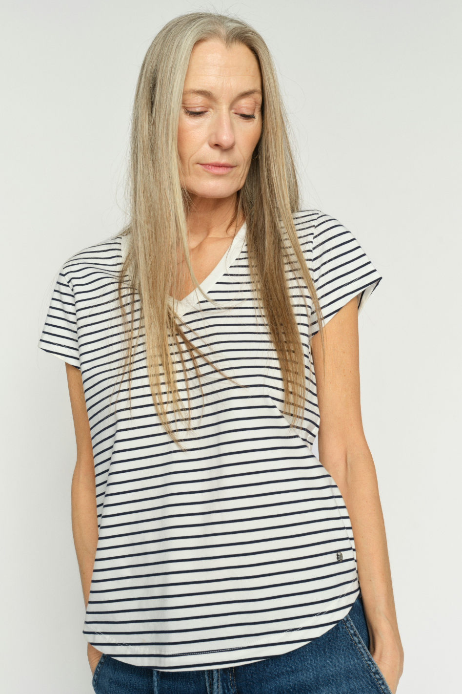 Mos Mosh Kala V-SS Stripe Tee in Salut Navy