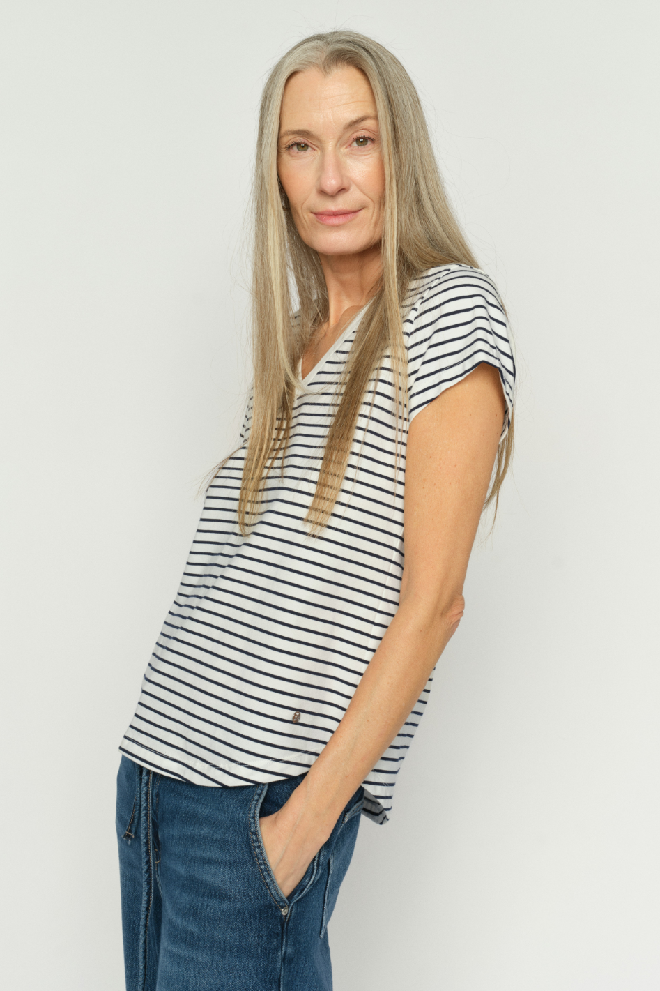 Mos Mosh Kala V-SS Stripe Tee in Salut Navy