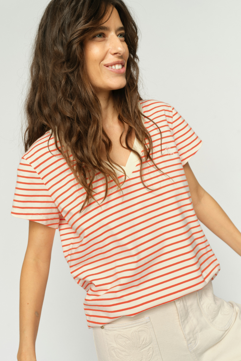 Mos Mosh Kala V-Neck SS Stripe Tee in Spicy Orange
