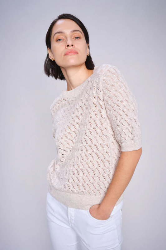 Mos Mosh Karin Marisol Short Sleeve Linen Knit in Feather Gray