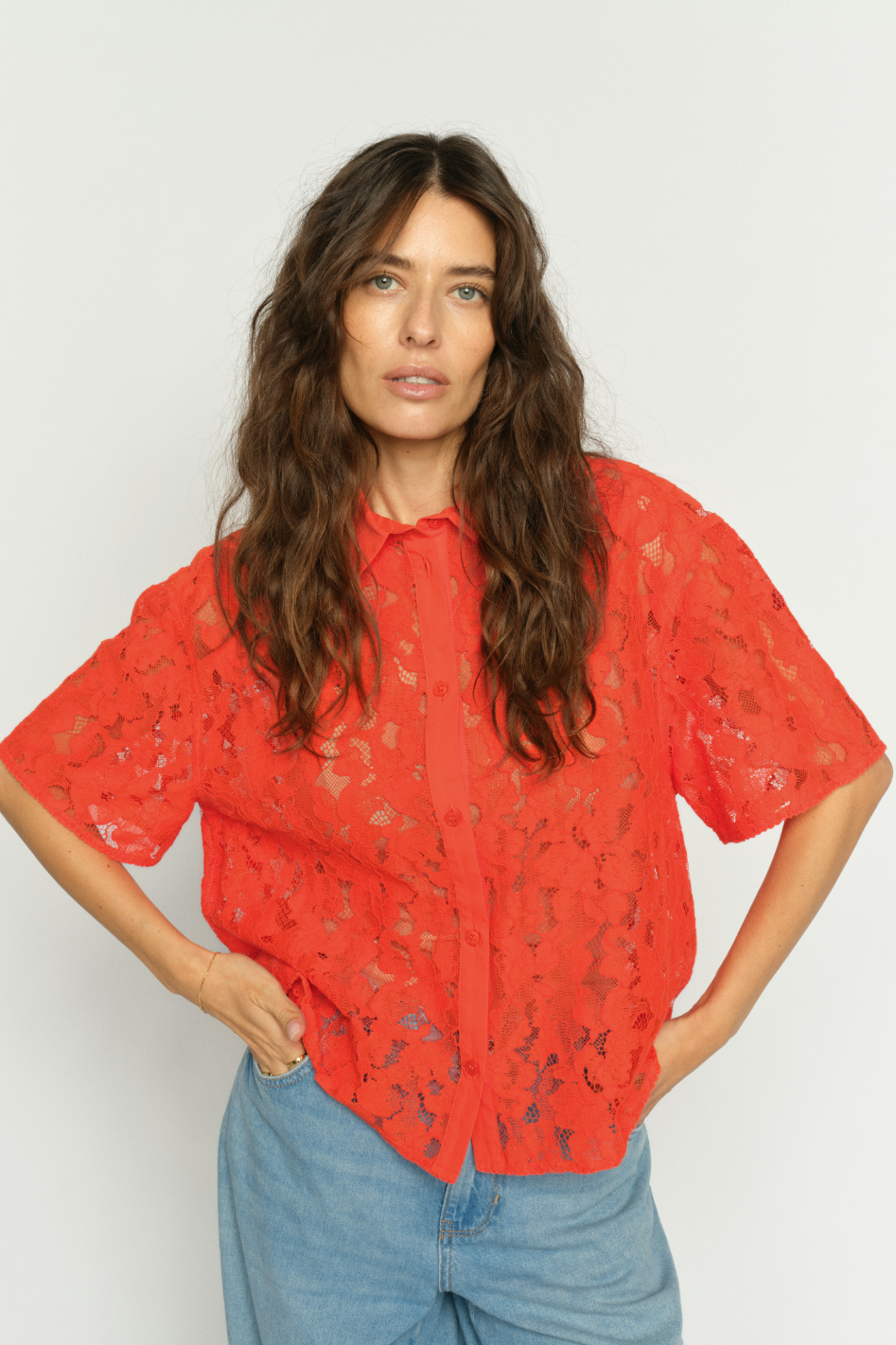 Mos Mosh Lia River SS Lace Shirt in Spicy Orange