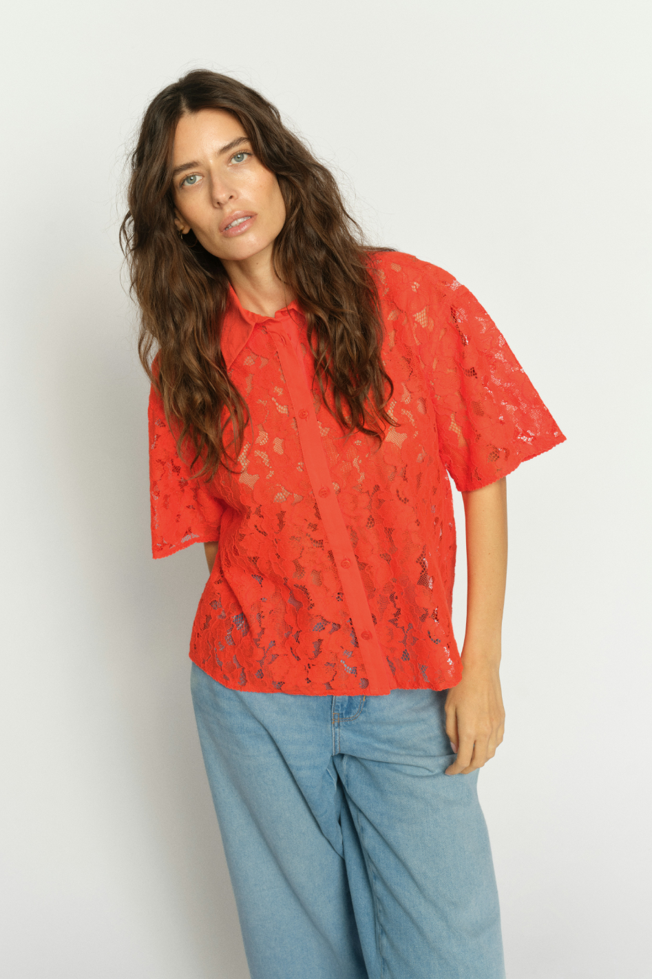 Mos Mosh Lia River SS Lace Shirt in Spicy Orange