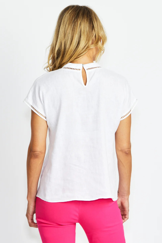 Ping Pong Jade Linen Trim Top | White