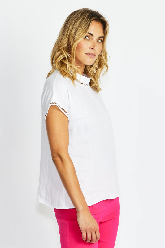 Ping Pong Jade Linen Trim Top | White