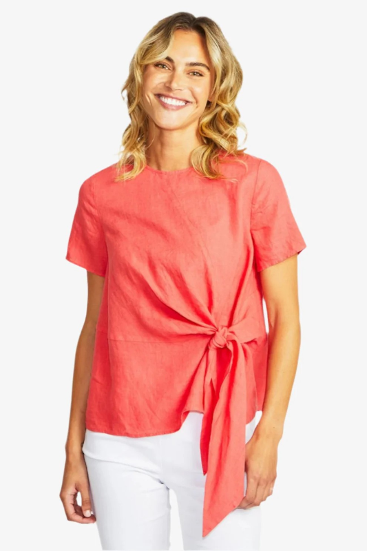 Ping Pong Jasmine Linen Knot Top in Coral
