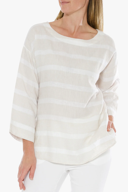 Ping Pong Stripe Linen Boat Neck Top in Flax and White