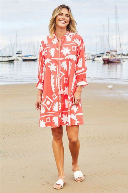 Ping Pong Moma Button Dress | Coral/Ivory