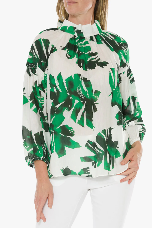 Ping Pong Pussy Bow Blouse in Mono Leaf Print