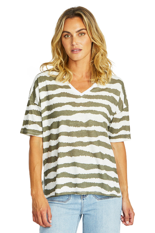Ping Pong Wave V Neck T Shirt Khaki White