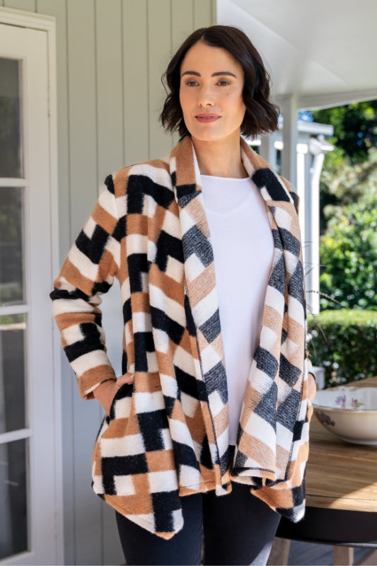 See Saw Boiled Wool Open Jacket in Camel, Black and Ivory