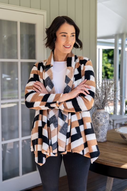 See Saw Boiled Wool Open Jacket in Camel, Black and Ivory